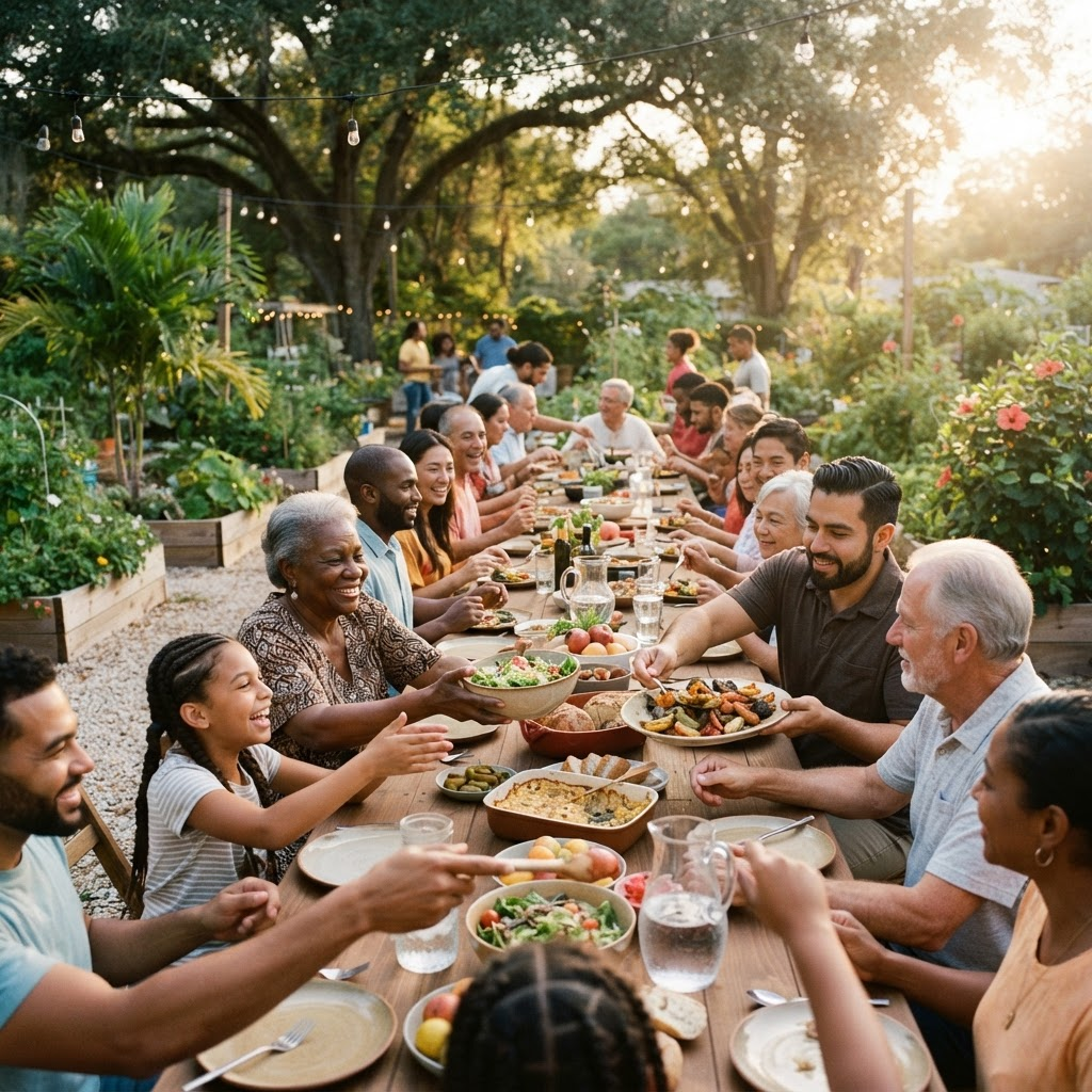 Community members sharing a meal together outdoors